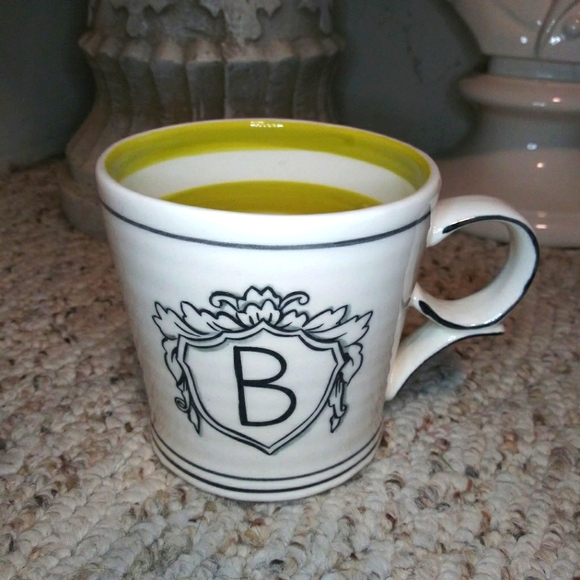 Anthropologie Molly Hatch Shield "B" Initial & Lime Stripe Coffee Mug - Picture 1 of 6
